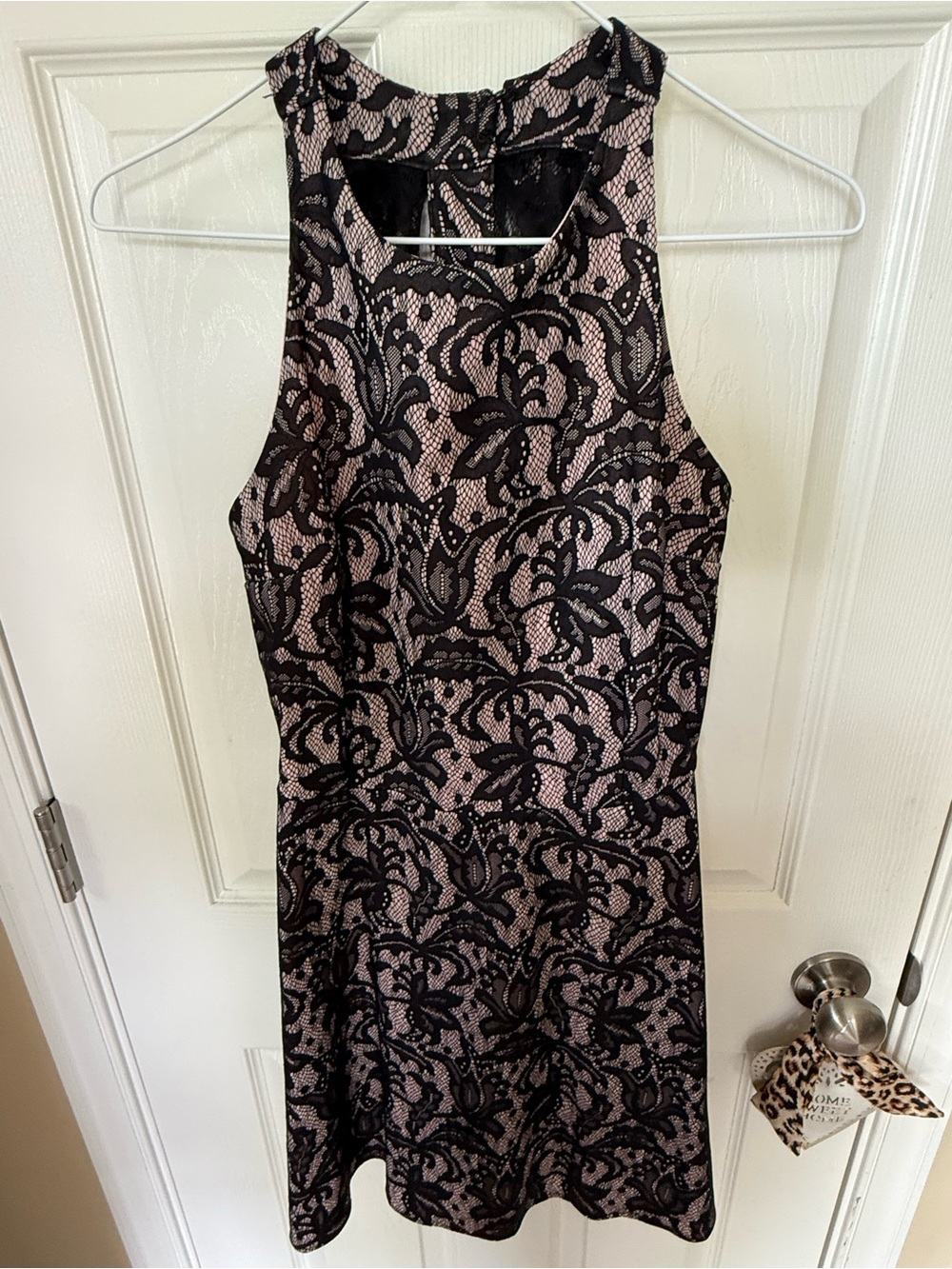 Super Cute  Black Lace Dress Overlay Pink Dress Sz M Bow in back